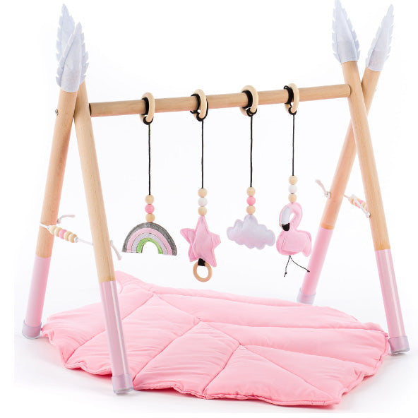 Arche de jeu baby gym en bois et feutre - flamant rose arc-en-ciel