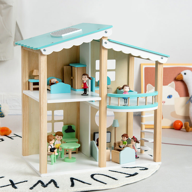 Maison de poupée en bois avec ensemble de meubles bleus