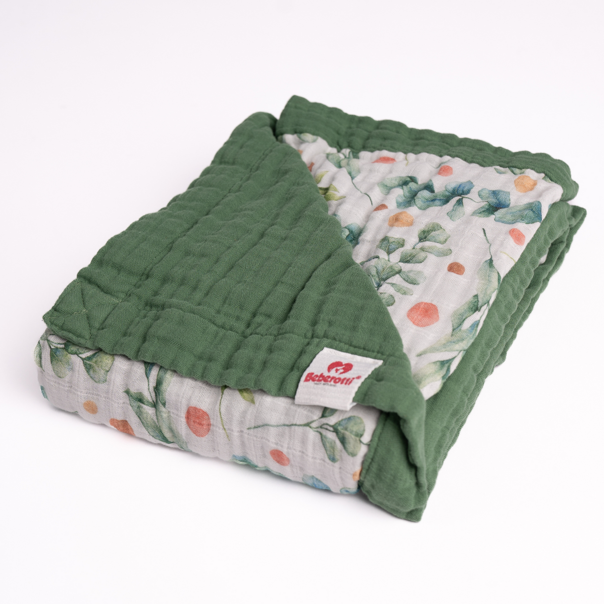 Organic 4-layer double-sided embroidered muslin blanket green 145 cm x 100 cm