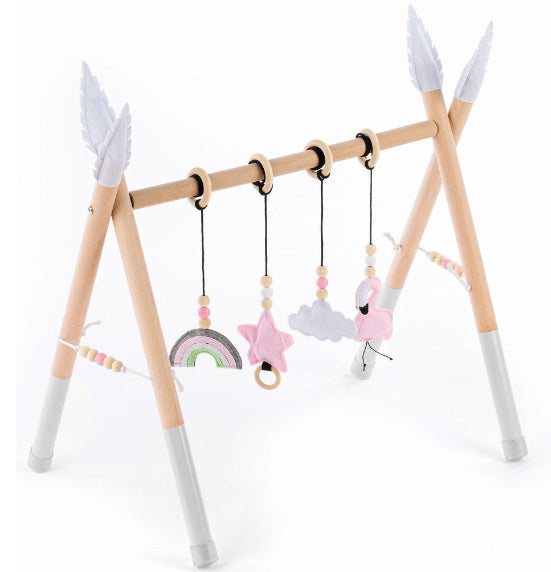 Arche de jeu baby gym en bois et feutre - flamant rose arc-en-ciel