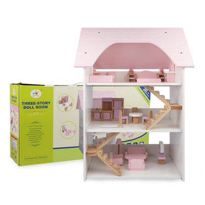 Wooden dollhouse with furniture set pink