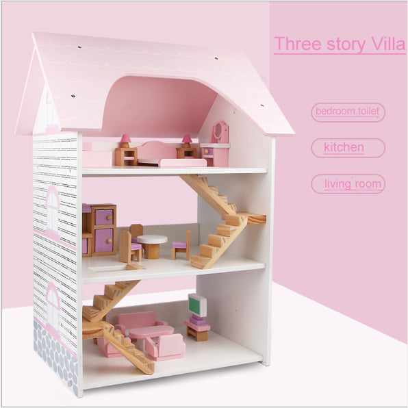 Wooden dollhouse with furniture set pink