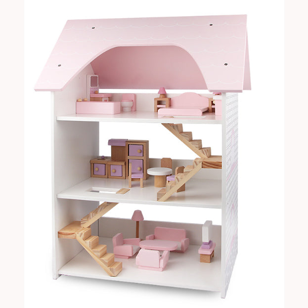 Wooden dollhouse with furniture set pink