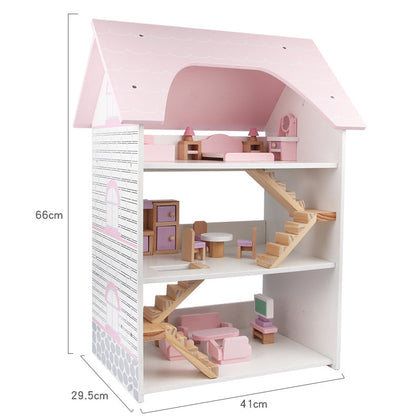 Wooden dollhouse with furniture set pink