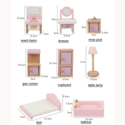 Wooden dollhouse with furniture set pink