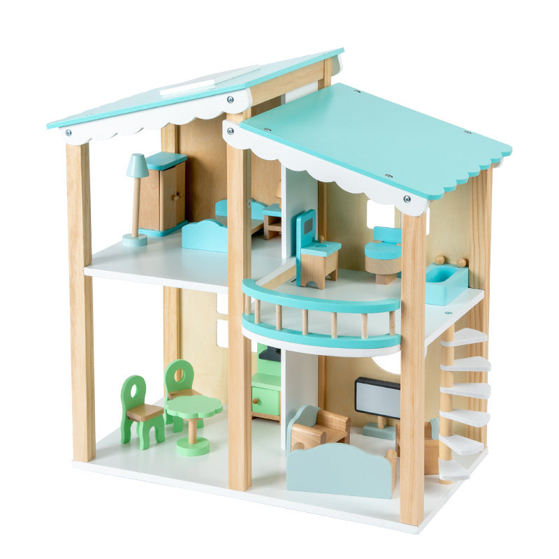 Maison de poupée en bois avec ensemble de meubles bleus