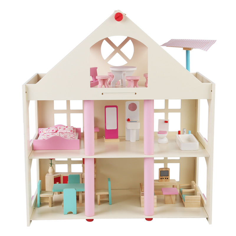 Wooden dollhouse with furniture set