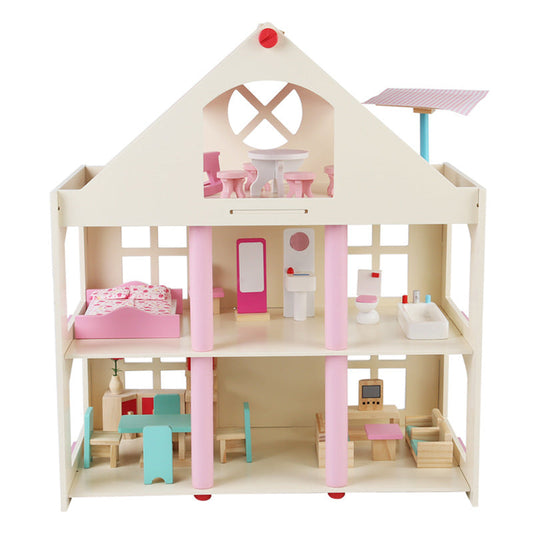 Wooden dollhouse with furniture set