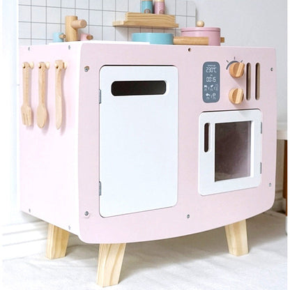 Retro wooden kitchen with accessories pink