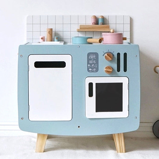 Retro wooden kitchen with accessories blue