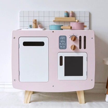 Retro wooden kitchen with accessories pink