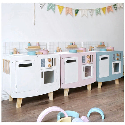 Retro wooden kitchen with accessories pink