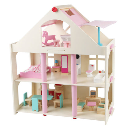 Wooden dollhouse with furniture set