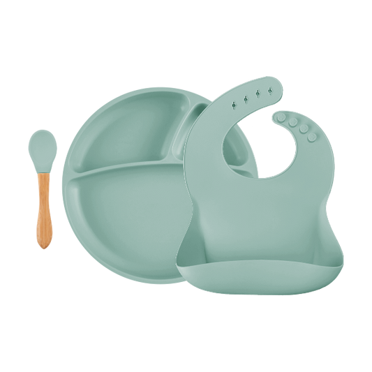 BLW Set II plate + bib + spoon aqua green