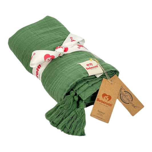 Organic Muslin Blanket with Tassels Green