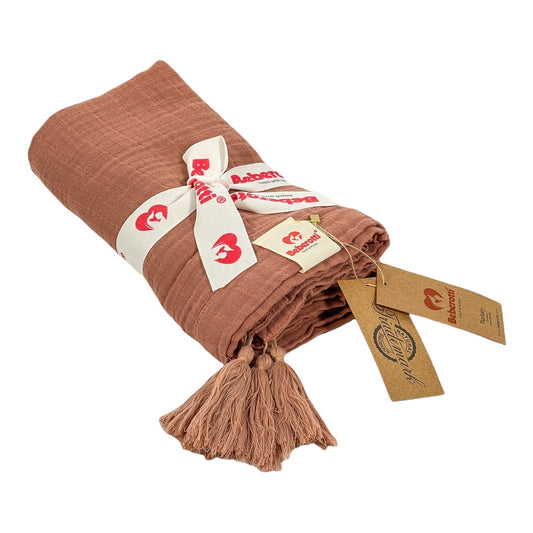 Organic muslin blanket with tassels cinnamon pink