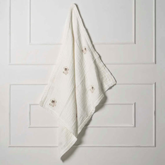 Organic 4-layer double-sided embroidered muslin blanket white/monkey