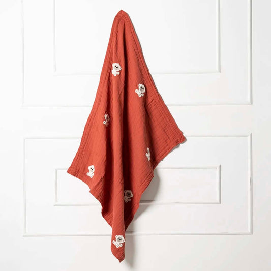 Organic 4-layer double-sided embroidered muslin blanket coral/monkey