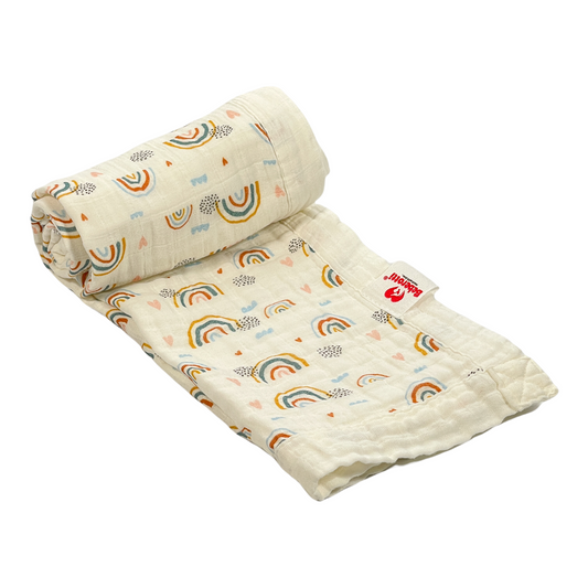 Organic 4-layer double-sided embroidered muslin blanket white/rainbow