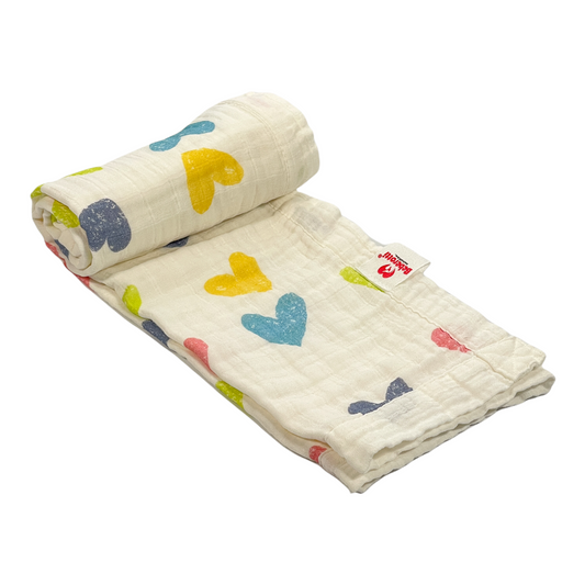 Organic 4-layer double-sided embroidered muslin blanket white/hearts