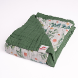 Organic 4-layer double-sided embroidered muslin blanket green 145 cm x 100 cm