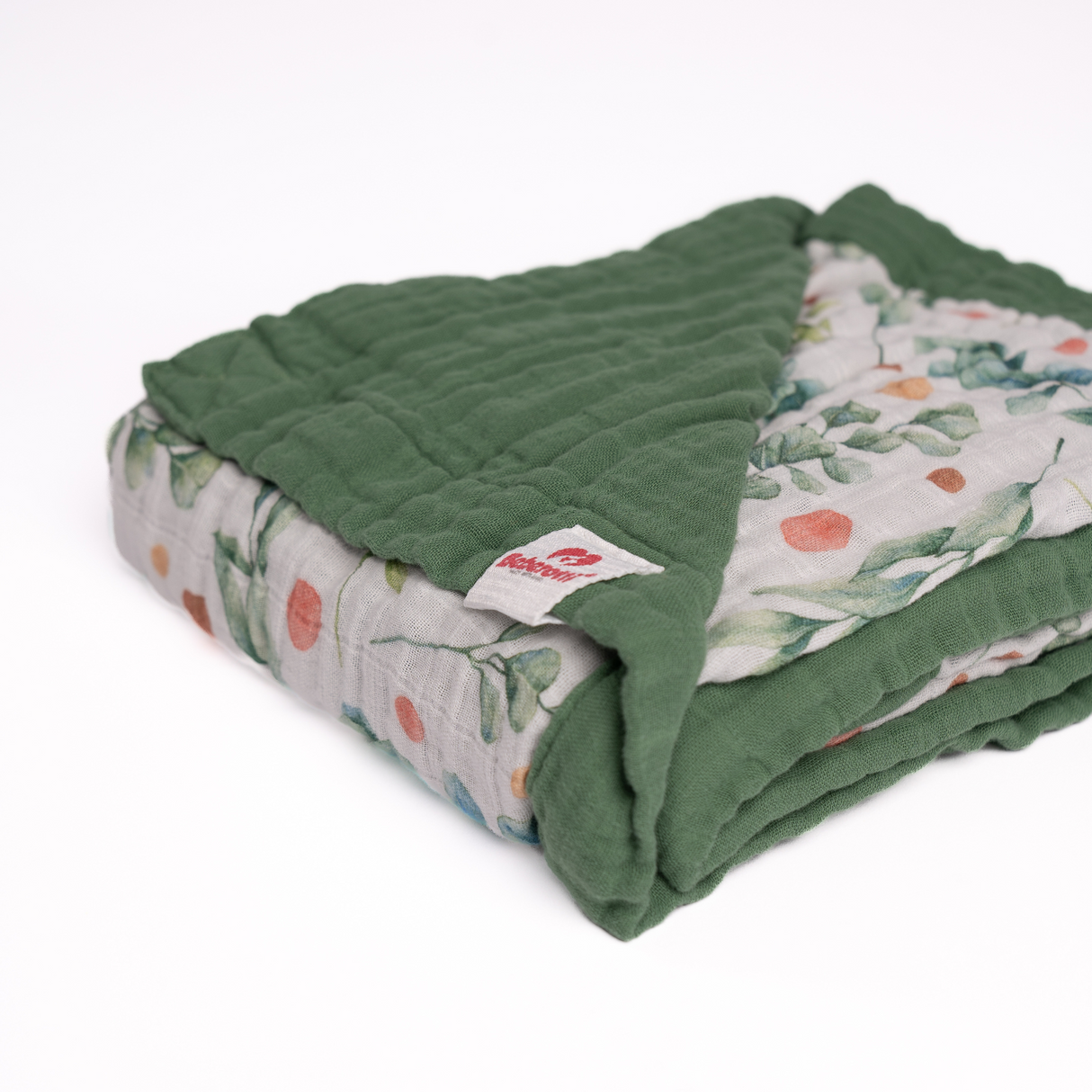 Organic 4-layer double-sided embroidered muslin blanket green 145 cm x 100 cm
