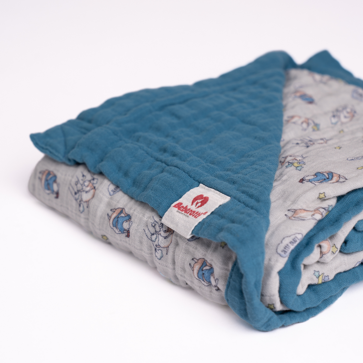 Organic 4-layer double-sided embroidered muslin blanket blue 145 cm x 100 cm