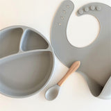 BLW Set II assiette + bavoir + cuillère-gris poudre