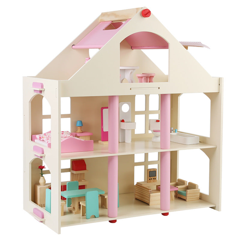 Wooden dollhouse with furniture set