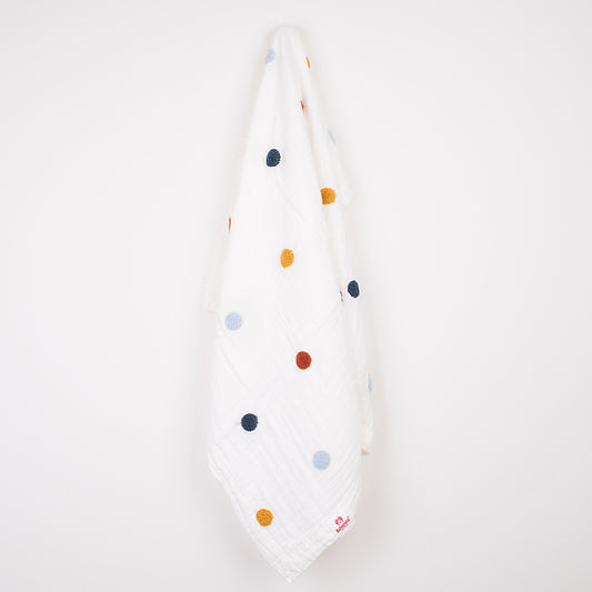 Organic 4-layer double-sided embroidered muslin blanket white/dots