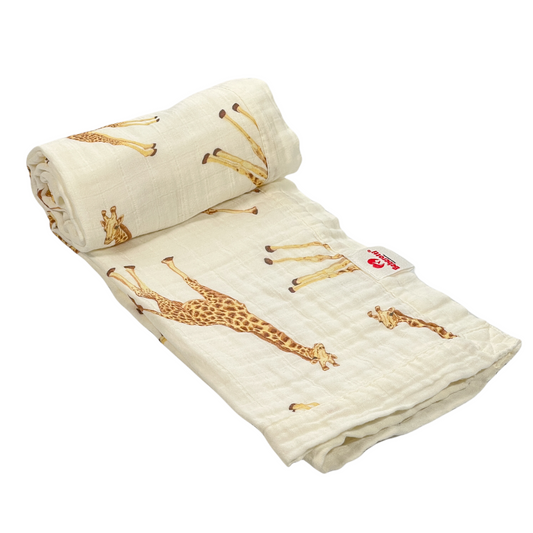 Organic 4-layer double-sided embroidered muslin blanket white/giraffe