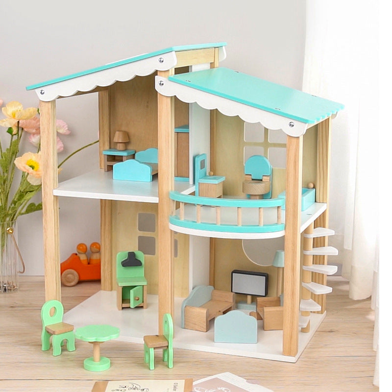 Maison de poupée en bois avec ensemble de meubles bleus