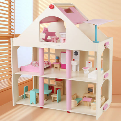 Wooden dollhouse with furniture set