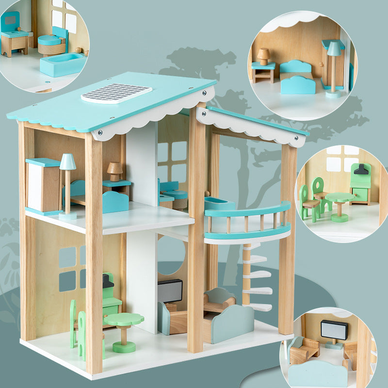 Maison de poupée en bois avec ensemble de meubles bleus