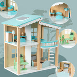 Maison de poupée en bois avec ensemble de meubles bleus