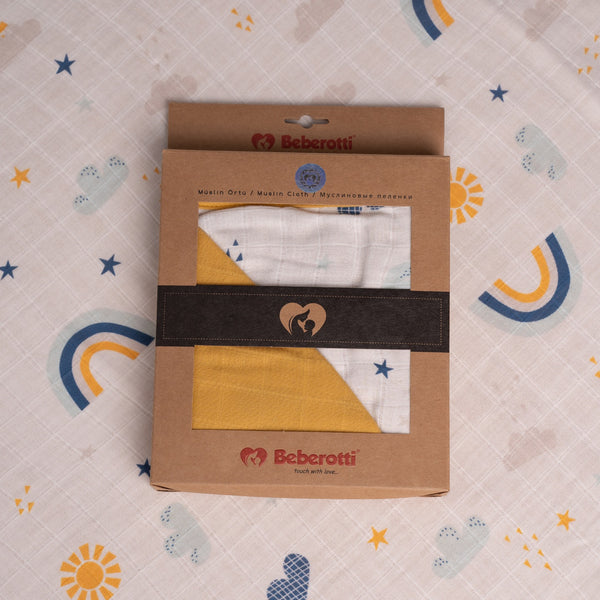 Organic 4-layer double-sided embroidered muslin blanket yellow/rainbow