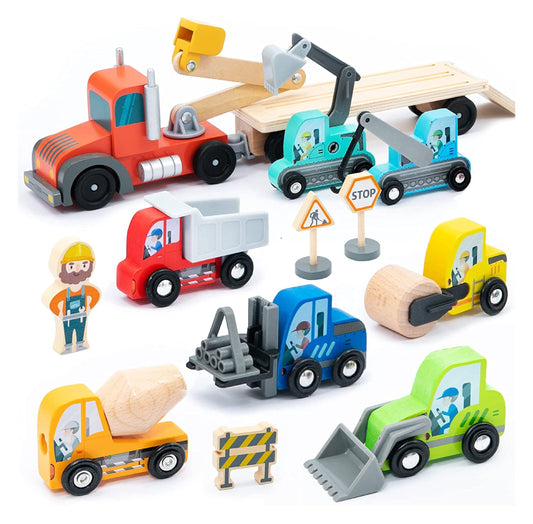 Wooden Construction Vehicle Transporter Playset