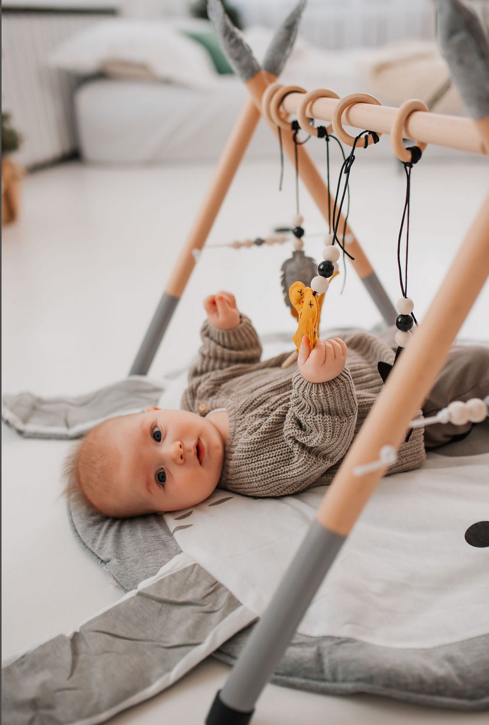 Runder Baumwoll Spieldecke für Babys Hase grau/weiss