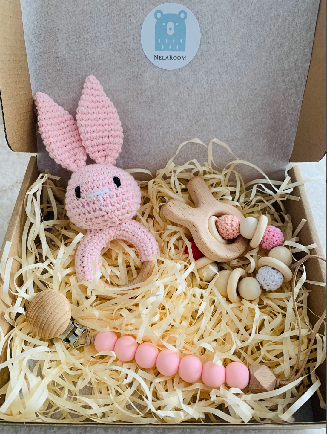 Baby Box - Geschenkset Beissring/Schnullerkette/Rassel - rosa