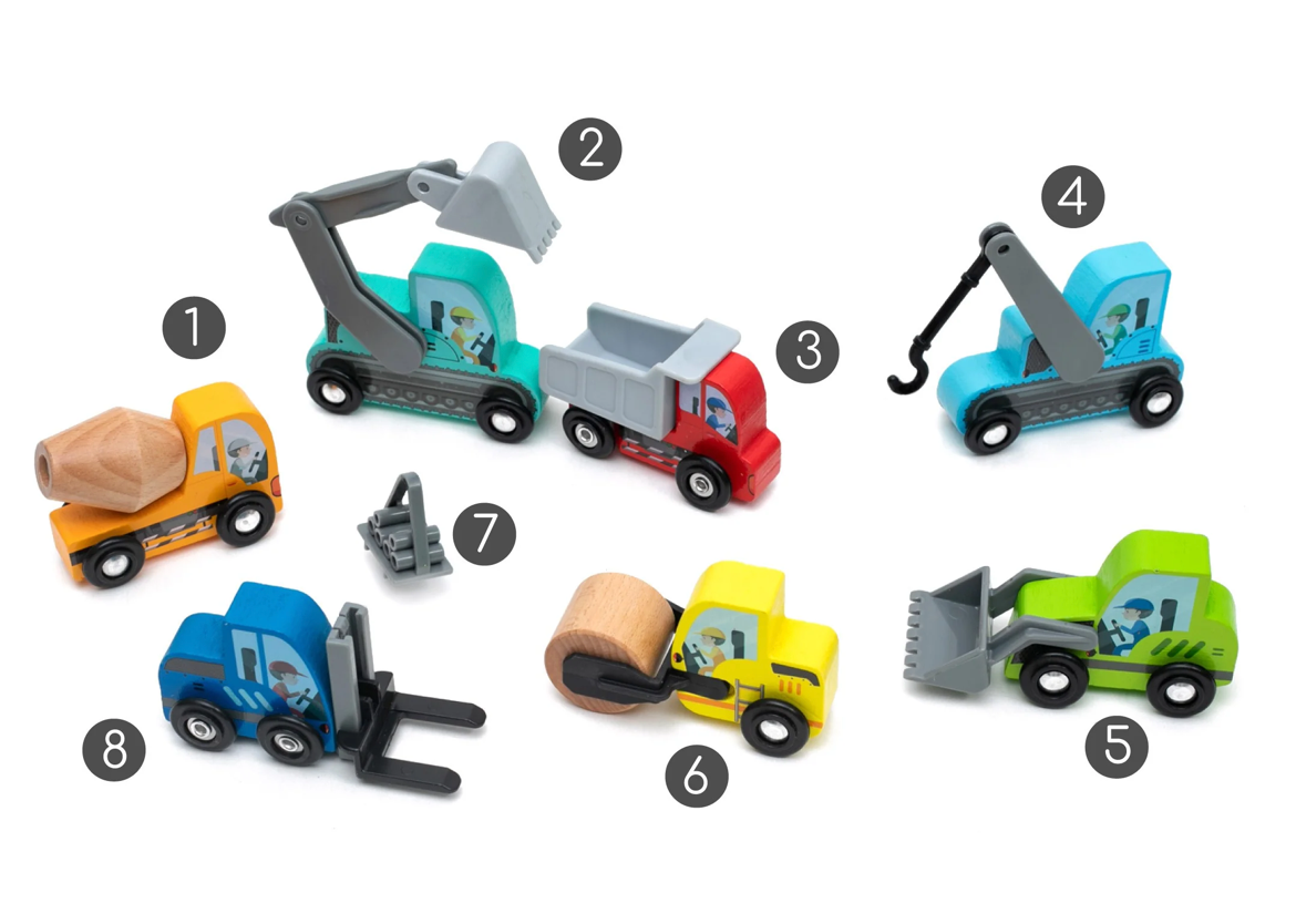 Wooden construction vehicles playset