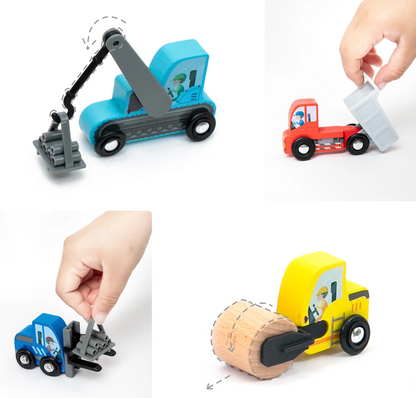 Wooden construction vehicles playset