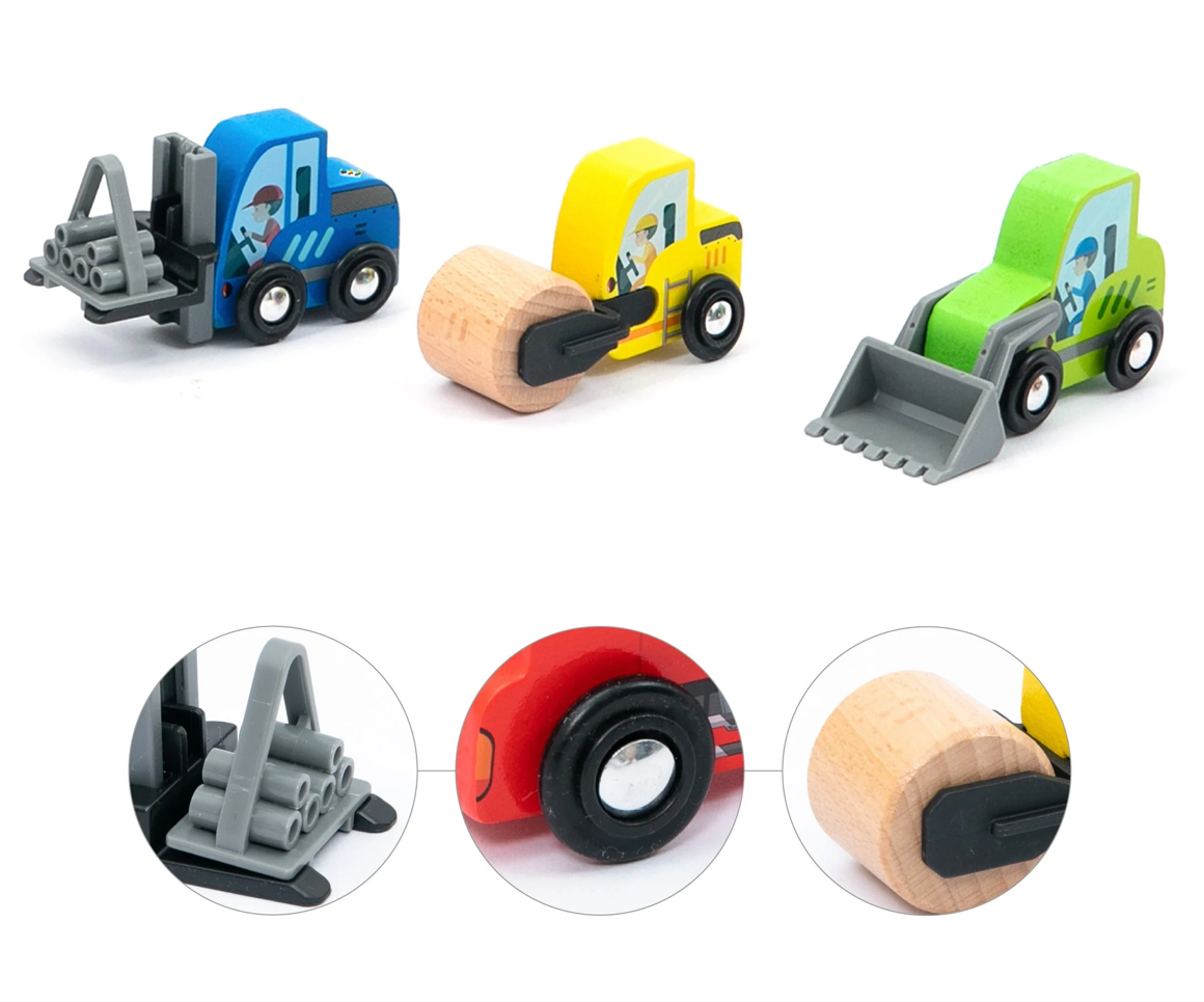 Wooden construction vehicles playset