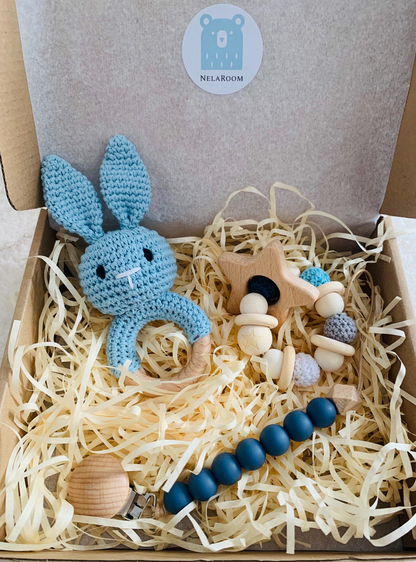 Baby Box - Geschenkset Beissring/Schnullerkette/Rassel - blau