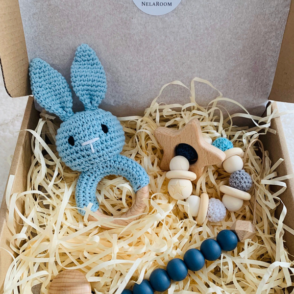 Coffret Bébé - Anneau de dentition/Chaîne de tétine/Hochet - Bleu