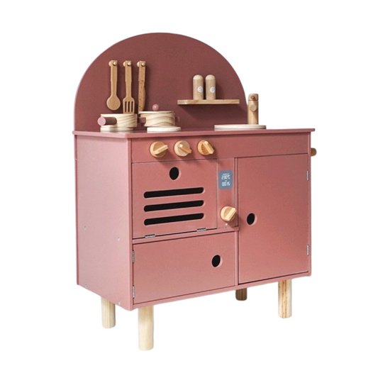 Retro wooden kitchen with accessories old pink